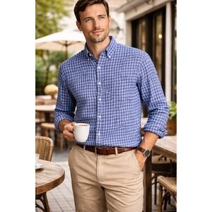 Daniel Cremieux Linen Shirt Mens Large Button Up Long Sleeve Blue Plaid Casual